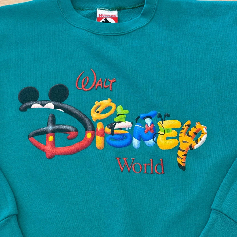 Vintage Mickey Inc Walt Disney World Embroidered Sweatshirt Teal Green Large USA